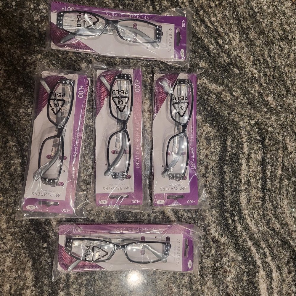 Reading Glasses - Pack of 5 w/Cases  +1.00 Eva by M+ NEW!